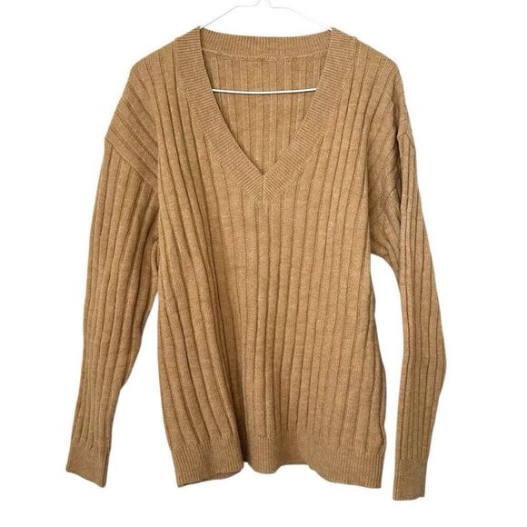 Cupshe Chunky Ribbed Knit V-Neck Long Sleeve Pullover Camel Sweater Size Medium - Picture 1 of 6
